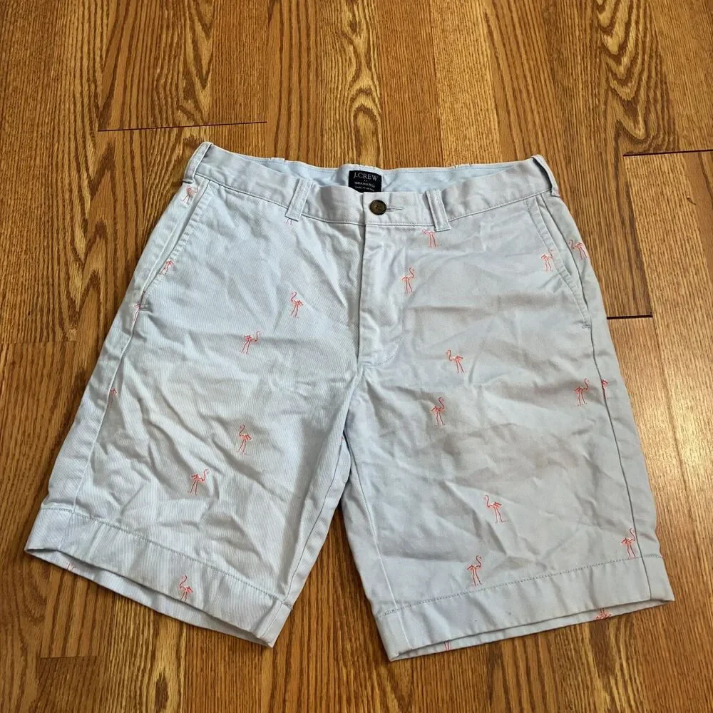 J.Crew Gramercy Chino Shorts Light Blue Flamingo Print Vacation Preppy Novelty